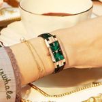 Vintage Rectangle Ladies Quartz Watch with Rhinestone, Roman Numeral Dial Green Photo 2
