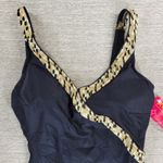 Roxanne One Piece Swimsuit Womens 38DD Black V Neck Gold Animal Print Trim NEW Size L Photo 11
