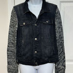 Free People  Black Distressed Denim Jacket with Knit Sleeves size M Photo 0