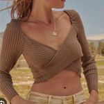 Boutique  Brown Ribbed Knit Crossover Cropped Sweater Photo 0