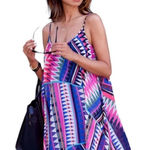 EXPRESS Sleeveless Pleated Mini Dress sz Medium Geometric Pink Blue Flowy Swing Photo 0