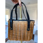Vintage Wicker Basket Purse with Black Faux Croc Leather Trim & Gingham Lining Brown Photo 2