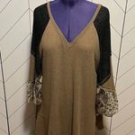 Hummingbird Women’s Large Waffle Knit Brown Snake Print Bell Sleeve Midi Dress Photo 0