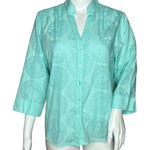 Orvis  Blouse Womens Medium‎ Green Blue Aqua Medallion Print Semi Sheer Bohemian Photo 0