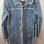 Trilogy Women's Vintage Long Frayed Blue Denim Jacket‎ Size Medium Photo 0