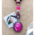 Brand New Agata Beaded Pendant Necklace Pink Purple Iridescent Oval Stone 17" Photo 2