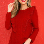Red Dress Boutique  Fire Away Ruby Red Sweater Ruffle Front Metallic Trim M Photo 0