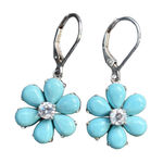 New Sleeping Beauty Turquoise Flower 925 Earrings with Diamond Center Blue Photo 0