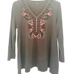 Garnet Hill Embroidered Blouse Olive Green Long Sleeve Top Size Large Photo 0