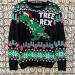 Ugly Christmas Sweater Tree Rex Dinosaur Fair Isle Black Green MEDIUM Photo 0