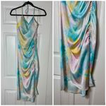 ZARA  Tie Dye Pastel Multi Color Satin Halter Cowl Ruched Slip Midi Dress Size XS Photo 3