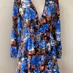 ZARA  Floral Print Mini Dress Long Sleeve V-Neck Blue Brown Ruffle Small Photo 0