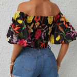 SheIn Floral Puff Sleeve Off-Shoulder Crop Top Photo 1