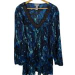 Catherines  Floral Beaded Tunic Top Sz 3X Blue Pleated Lightweight Stretch Flowy Photo 0