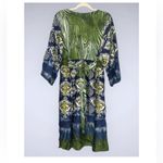 Avenue  Green & Blue Floral Satin V Neck 3/4 Sleeve Tie Back Knee Length Dress 20 Photo 1