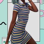 Dolls Kill x Delias Stripe Polo Zipper Mini Dress Ribbed Knit Rainbow Collared Photo 1