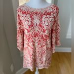 Solitaire  Red Ivory Embroidered Elbow Sleeve Blouse Size Large Photo 4