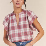 Birds of Paradise Trovata plaid short sleeve cotton top size medium Red Photo 0