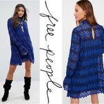 Free People  Simone Blue Crochet Mini Dress With Lace Bell Sleeves Size Small Photo 1