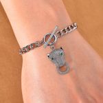 Green Glass, Simulated Diamond Wolf Head and Link Chain Bracelet in Silvertone Silver Photo 1