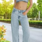 ZARA Denim Crop Top Womens Large Rhinestones Bling Festival Glam Punk Rock Party Photo 2