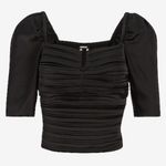 EXPRESS NWT black puff sleeve short sleeve pleated detail smocked back satin top Photo 1