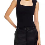 AQUA  Square Neck Sleeveless Knit Tank Top Black Fitted Stretch‎ XXS Photo 0