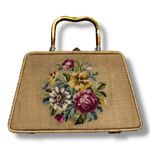 Vintage Floral Needlepoint Wicker Purse Tan Photo 0
