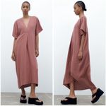 ZARA Tan Brown Lyocell Linen V Neck Pleated Tunic Midi Dress NWT L Photo 9