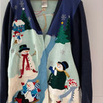 Quacker Factory Snowman Winter Cardigan Sweater Appliqué Beads Colorful Large Photo 0