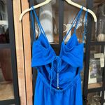 ZARA linen mini dress cobalt blue ruched open back cocktail vneck tiered ruffle Photo 4