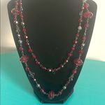 Long 42” Faceted Garnet Red Colored and Gunmetal Floral Beaded Strand Necklace Photo 0