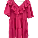Entro  Womens Tiered Puff Sleeve Mini Dress Hot Pink Ruffle V Neck Large‎ Photo 0