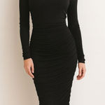 Ruched Long Sleeve Turtleneck Midi Dress Small Black Cocktail Evening Event Glam Photo 0
