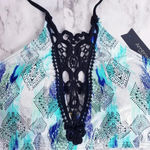 Ambrielle Bra Swimwear Sz Large High Neck Lace Pattern Halter Strap Geometric Blue Photo 5