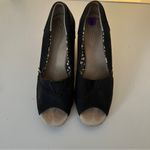 Toms Women's Black Twill Classic Wedge Sandals Cork Heel Peep Toe Shoes Size 8 Photo 4