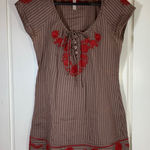 Free People Striped Embroidered Tunic Top Brown Red Floral Lace Up Boho Size 2 Photo 0