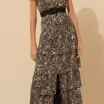 Ba&sh  Zelie Tiered Satin long Maxi Dress Animal Print Black White V neck 6 Photo 0