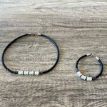 TWO PIECE SET Leather Pearls Choker & Bracelet Set Black Photo 1