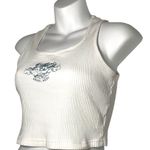 SheIn  Graphic Print Letter Angel Rib Knit Crop Tank Top Medium White Blue Photo 3