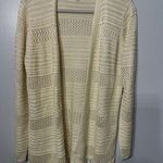Kathy Ireland Cardigan Beige Open Knit Fringe Hem Metallic Gold Threads Med. NEW Photo 0