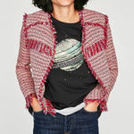 ZARA  Basic Womens Bloggers Fav Preppy Red Tweed Fringe Blazer Jacket Size S Photo 0