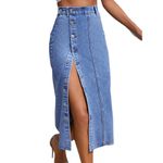 NWT Women’s High Waisted Button Front Denim Midi Skirt Large Blue Photo 3