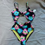 California Waves NWT  Juniors Black Gerber Daisy Knotted Cutout One-Piece Size XS Photo 1