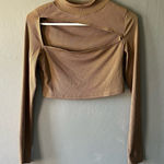 None Tan Ribbed Long Sleeve Top With Asymmetric Cut Out Size Medium Photo 0