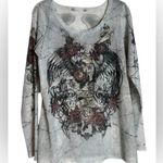 Rock & Republic Womens Y2K Mesh T-Shirt Gray Cross Angel Wings Tattoo Sleeve Grunge Size Med Photo 1