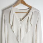 None V-Ruffled Neckline Long Puff Sleeve Ivory Pullover Blouse Photo 2