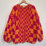 BiBi Oversized Checkered Cardigan Size Medium Pink Orange Boho Photo 2