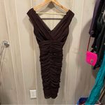Stunnnig Y2K Tadashi Collection silk ruched chocolate brown deep v bodycon dress Size M Photo 7
