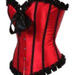 None Ruby Red Steel Bonded Satin Ribbon Overbust Ruffle Waist Trainer Corset … Photo 0